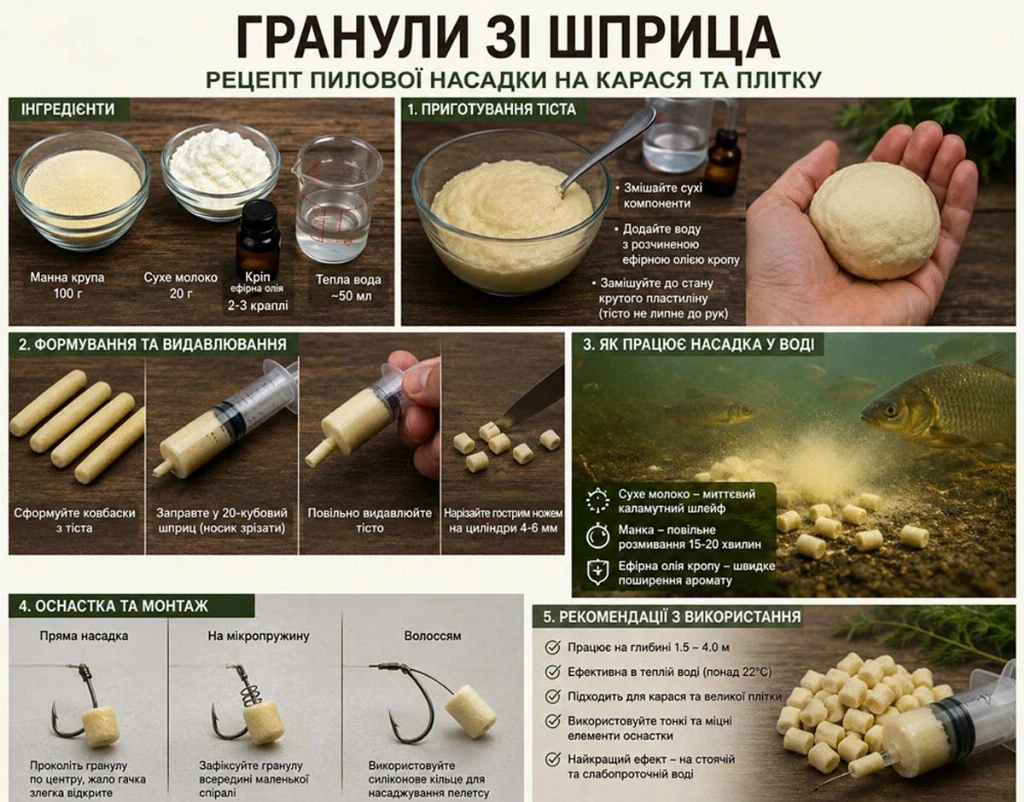 Пилові гранули зі шприца з кропом: ідеальна насадка на карася та плітку за 10 хвилин Пилові гранули зі шприца з кропом: ідеальна насадка на карася та плітку за 10 хвилин